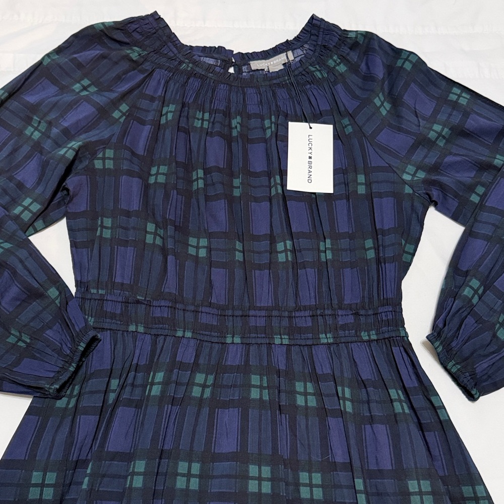 Lucky Brand Plaid Maxi Dress in Blue and Green Long Sleeves L NWT - Picture 4 of 9